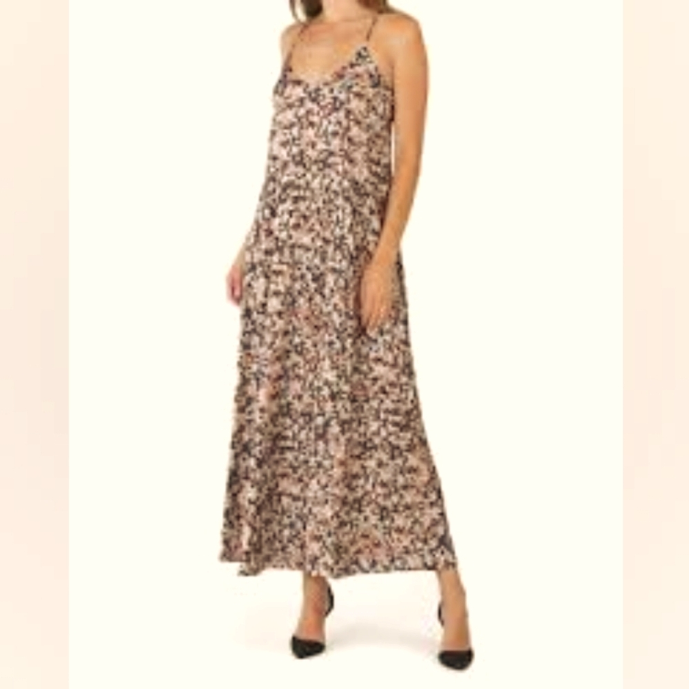 Nicole Miller long maxi dress satin spaghetti strap w/shelf bra & pockets sz L